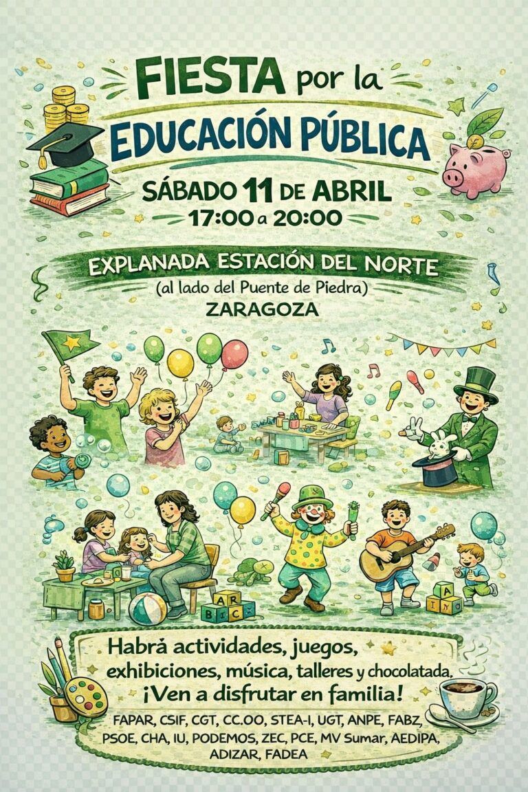Sábado 11 de abril, de 17:00 a 20:00 fiesta por la EDUCACIÓN PÚBLICA en la Estación del Norte